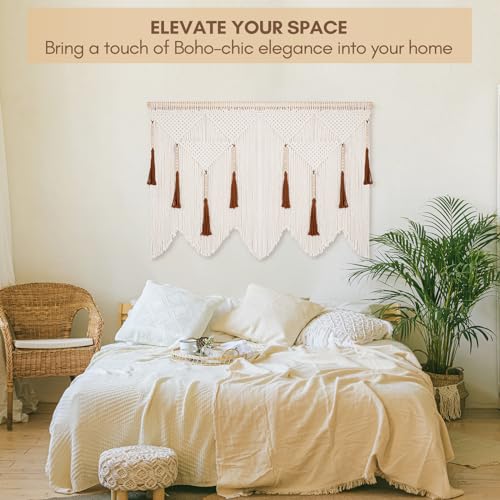 Large Macrame Wall Hanging, Boho Woven Tapestry with Wood Bead Tassel - size: Medium