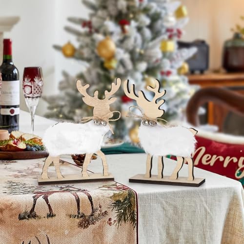 COCHIE Cute Christmas Tiered Tray Decor Indoor, Wooden Reindeer Christmas Tabletop Decorations and Xmas Tree Centerpiece, Reindeer Sign Standing Elk Decor for Home Party Decorations (Fur) - style: Fur