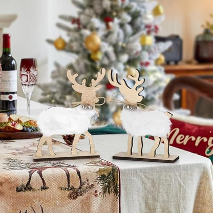 COCHIE Cute Christmas Tiered Tray Decor Indoor, Wooden Reindeer Christmas Tabletop Decorations and Xmas Tree Centerpiece, Reindeer Sign Standing Elk Decor for Home Party Decorations (Fur) - style: Fur