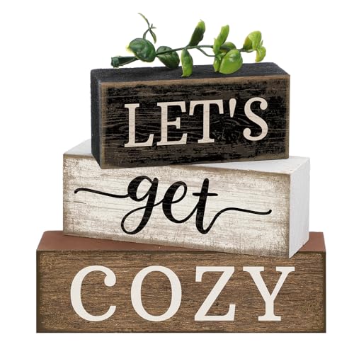 Moucuny 4 Pcs Farmhouse Table Decor Inspirational Wood Signs Let's Get Cozy - style: Let's Get Cozy