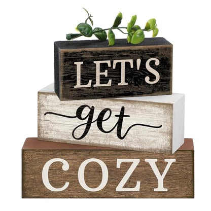 Moucuny 4 Pcs Farmhouse Table Decor Inspirational Wood Signs Let's Get Cozy - style: Let's Get Cozy