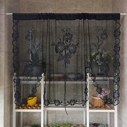 2pcs Black Floral Embroidery Tie-up Sheer Lace Curtain Valance - color: Black, size: 59"W x 39"L (Pack of 2)
