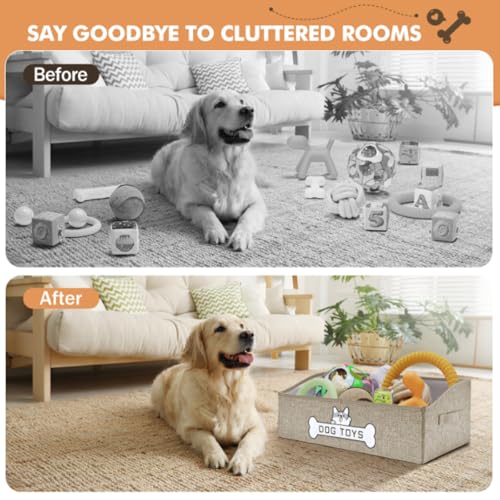 Dog Toy Basket, Collapsible Dog Toy Box with Handle, Perfect for Storing Pet Toys and Accessories (Light Khaki) - color: Light Khaki