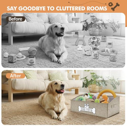 Dog Toy Basket, Collapsible Dog Toy Box with Handle, Perfect for Storing Pet Toys and Accessories (Light Khaki) - color: Light Khaki