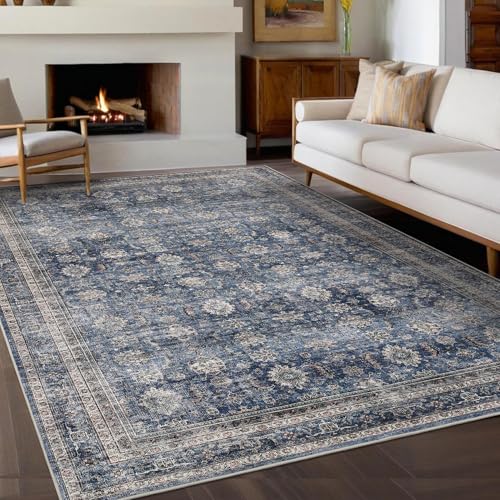 GarveeHome Vintage Rug 6x9 Floral Print Area Rug for Living Room Washable Non Slip Farmhouse Distressed Indoor Carpet Foldable Low Pile Soft Accent Throw Rug for Bedroom Home Nursery, Blue - color: Blue, size: 6' x 9' (Rectangular)