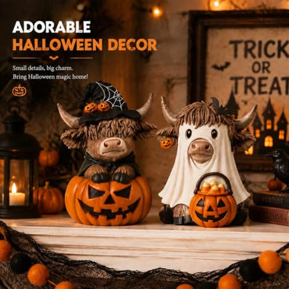 Karenhi 2 Pcs Halloween Highland Cows Figurines Resin, Pumpkin Decor - style: Ghost