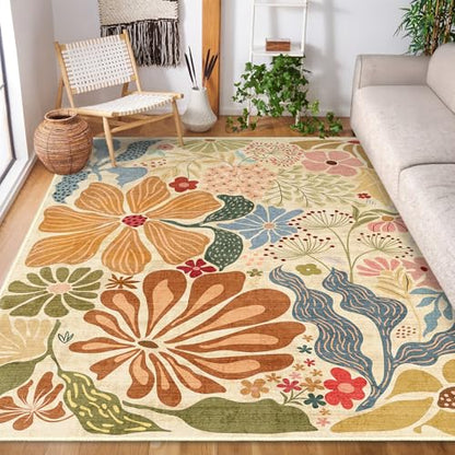 MUJOO 5x7 Area Rugs Washable Floral Rug Non Slip Low-Pile Beige - color: Beige, size: 5' x 7' (Rectangular)