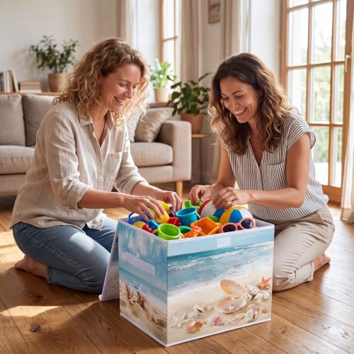 Briwooody Beach Storage Bin with Lid Handle Coastal Foldable Storage Box - style: Beach