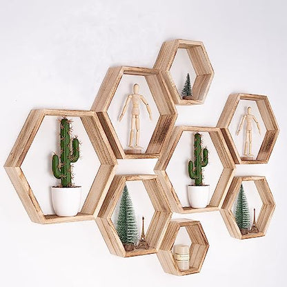 WONFUlity Hexagon Floating Shelves, Hexagonal Shelf Wall Mounted Storage - color: Light Brown, size: 8PC