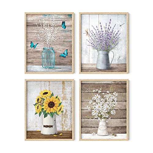 HAUS AND HUES Flower Wall Decor - Set of 4 Floral Art, Decor, Framed Painting, Pictures Framed (Framed Beige 11x14) - color: Farmhouse Bouquets, size: 11x14, style: Beige Framed