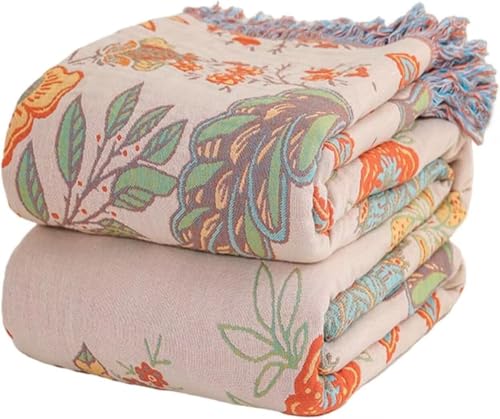 Boho Throw Blanket for Bed 100% Cotton Bohemian Blankets Ultra Soft Woven Muslin Decorative Blankets All Seasons Vintage Quilt Knitted Blanket for Sofa Chair(Orange, 60"x80") - color: D-orange, size: 60"x80"