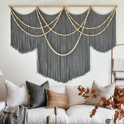Large Macrame Wall Hanging Grey Boho Wall Art Beaded Decor 57"W*39"L - color: Gray1