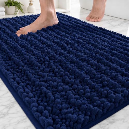 Disolla Small Bath Mat 17x24 Inch - Chenille Navy Blue Bathroom Rug, Extra Soft Absorbent Plush Shaggy Bathmat, Non-Slip Machine Washable Floor Mat for Shower, Tub and Sink - color: Navy Blue, size: 1'5" x 2' (17''x24'' Mini Bathroom Rug)