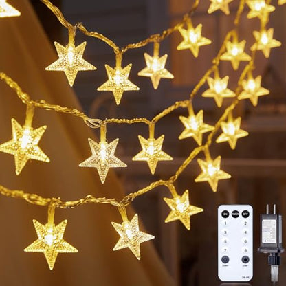 Minetom 33ft Plug in Star String Lights with Remote and Timer - color: Star - Warm White - 33 FT