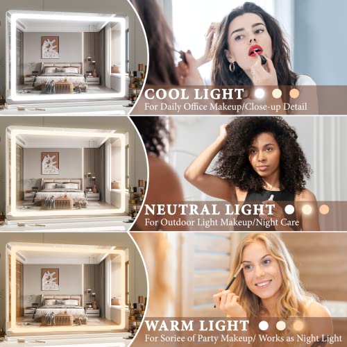 FENNIO Vanity Mirror with Lights 32"x22", Lighted Makeup Mirror, Large Vanity Mirror with Lights, Touch Sensor with 3-Color Lighting, USB Charging Port for Vanity Desk Tabletop - color: White, size: 32"L x 22"W
