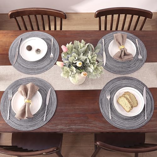 SHACOS Round Placemats Set of 4 Round Braided Placemats 15 inch Cotton Polyester Woven Table Placemats for Dining Table Holiday Party (Black Gray, 4) - color: Black Gray, size: Set of 4