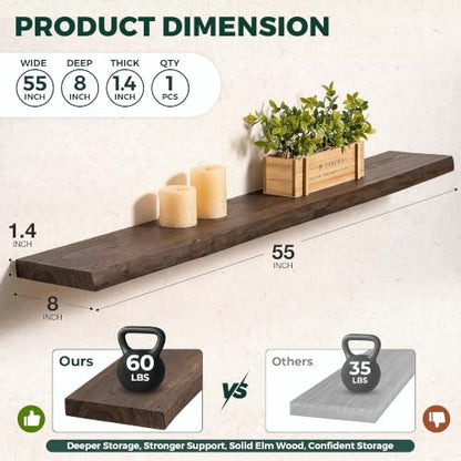 55in Live Edge Solid Elm Floating Shelves, Walnut, Set of 1 - color: Walut Color, size: Live Edge 55 inch, 1Pack