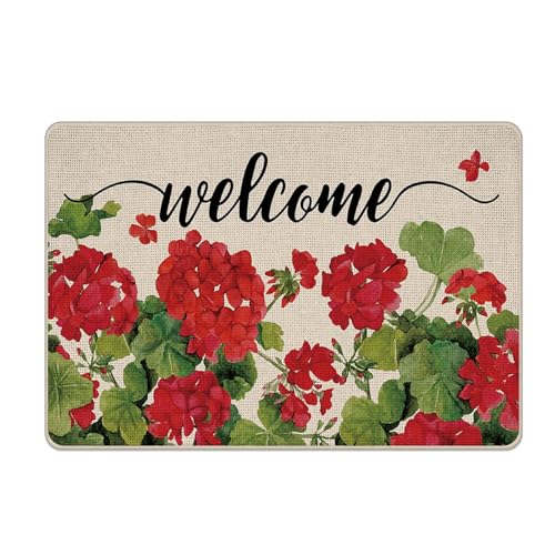 Welcome Spring Geranium Decorative Front Door Mat - color: Red, size: 2' X 2'11" (Rectangular)