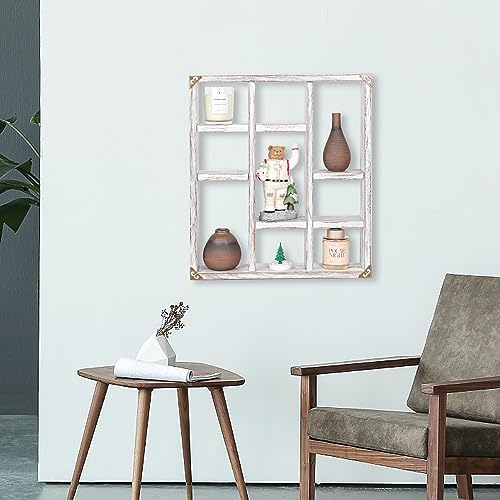 17.7x15.7-Inch Shadow Box Shelf 9-Slot Rustic Wood Floating Shelves Larger Shelf Lightweight Solid Wood Display(Set of 2,9C-Rustic White) - color: 9c-rustic White, size: 2 PCS