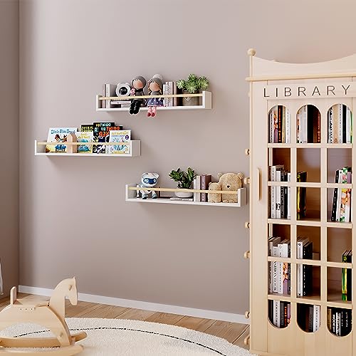 Fixwal Floating Nursery Book Shelves for Wall, 23.6 Inches, Set of 3 - color: White and Natural, size: 23.6inches
