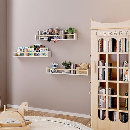 Fixwal Floating Nursery Book Shelves for Wall, 23.6 Inches, Set of 3 - color: White and Natural, size: 23.6inches