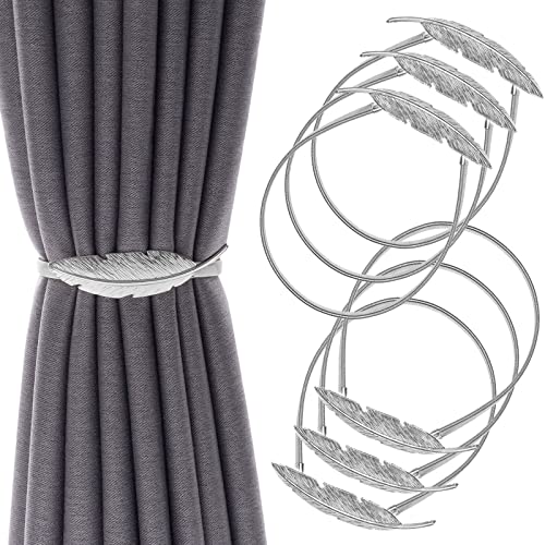 6Pack Curtain Tiebacks Aluminum Alloy Spring Design Curtain Holdback Leaf Carving Design Curtain Ties for Drapes Curtain Ties Backs Curtain Modern Style Curtain Holdback Decor(Sliver Feather) - color: Sliver Feather