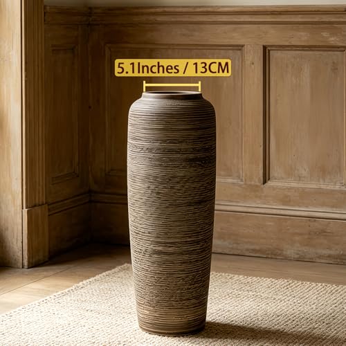 Brown Rustic Ceramic Floor Vase, 19.7 Inch, Ribbed Texture - size: 19.7 Inch