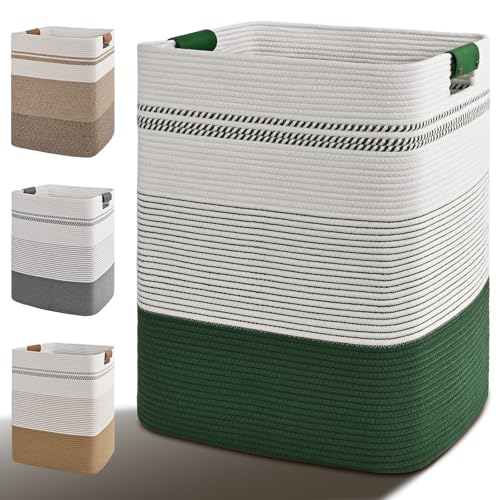 Laundry Hamper, 85L Tall Laundry Basket with Leather Handles, Rectangle Large Clothes Hamper for Organizing, Cotton Woven Laundry Baskets Storage Hampers for Bedroom, Nursery, Living Room - color: Green, size: 85L