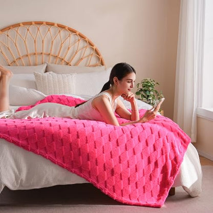 Hot Pink Fleece Throw Blanket for Couch Sofa 50”x60” with Diamond Checkered - color: Hot Pink, size: Throw(50"x60")
