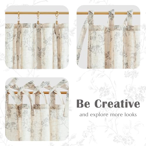 jinchan Grey Floral Kitchen Tier Curtains Alisa 24 Inches Tie Top 2 Panles - color: Alisa Grey on Linen, size: 26"W x 24"L (Pack of 2)