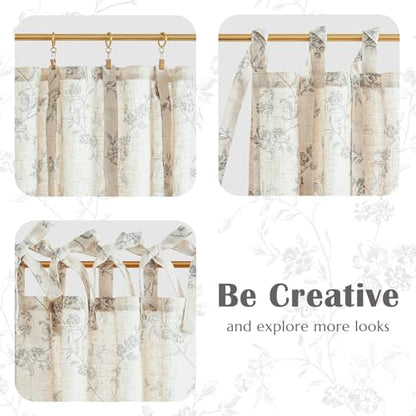jinchan Grey Floral Kitchen Tier Curtains Alisa 24 Inches Tie Top 2 Panles - color: Alisa Grey on Linen, size: 26"W x 24"L (Pack of 2)