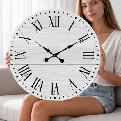 Large Wall Clock with Roman Numeral, 24” Shiplap Farmhouse Clock - color: White, size: 24 Inch