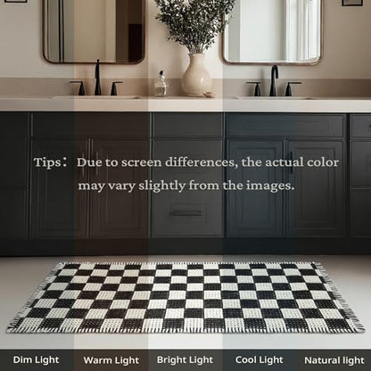 MatEssenz Checkered Waffle Bath Mat 20x32, Non Slip Bathroom Rug with Rubber Backing, Super Absorbent Machine Washable Bath Mat, Soft Quick Dry Checkered Bathroom Rug with Tassels, Black White - color: Lattice Style, size: 1'8" x 2'8" (Rectangular)
