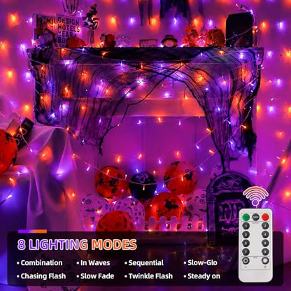 QITONG 2 Pack Battery Operated Halloween Lights, Each 33ft 100 LED - color: Orange and Purple, size: 2Pack