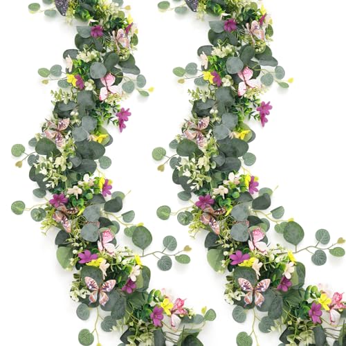 Flower Garland Artificial Daisy Garlands Floral Vines 3D Butterfly - color: Butterfly Eucalyptus, size: 2PCS