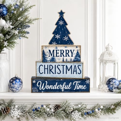 Christmas Table Decorations Wooden Blue Xmas Tree Tiered Tray Decor - style: Blue Tree