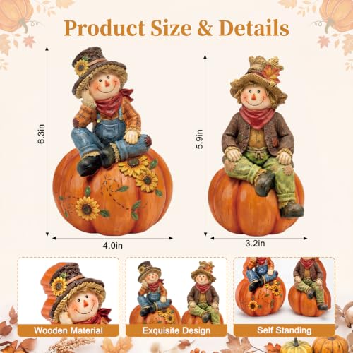 Yuntau 2 Pcs Fall Scarecrows Figurines Wooden Thanksgiving Table Decor - style: Fall Scarecrows