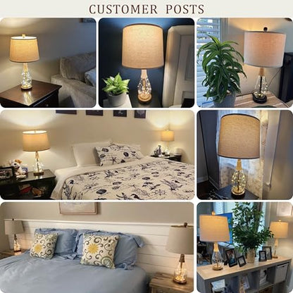 OYEARS Bedside Table Lamp with USB, 23‘’ Black Modern Nightstand Lamps for Bedroom, Retro Rattan Table Lamps for Night Stands, Living Room, Farmhouse Table Lamp with Glass Nightlight Lamps - color: Black
