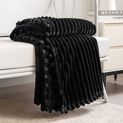 DISSA Fleece Blanket Twin Size – 60x80, Black - Soft, Plush, Fluffy, Fuzzy, Warm, Cozy – Perfect Throw for Couch, Bed, Sofa - with Pompom Fringe - Flannel Blanket - color: Black, size: 60x80"