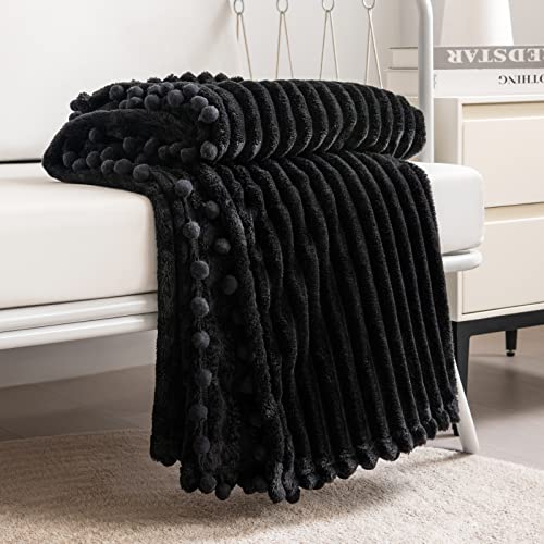 DISSA Fleece Blanket Throw Size – 51x63, Black – Soft, Plush, Fluffy, Fuzzy, Warm, Cozy – Perfect Throw for Couch, Bed, Sofa - with Pompom Fringe - Flannel Blanket Throw Blanket - color: Black, size: 51x63"
