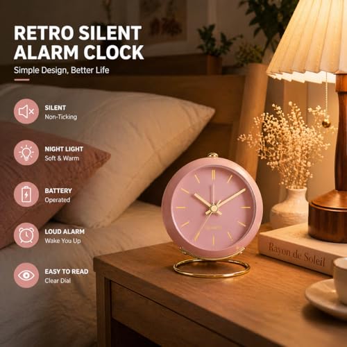 AYRELY® Battery Operated Analog Desk Alarm Clock with Light, Table Clock - color: Pink