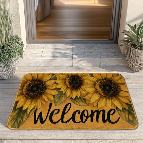 Sunflower Welcome Door Mat, Non-Slip Front Doormat for Indoor, Low Profile Entrance Rug 30x17 Inch, Summer Home Gift - color: Welcome Sunflower