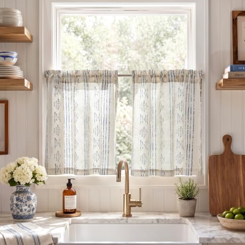 jinchan Linen Striped Tier Curtains for Kitchen Windows Blue Beige 26 x 24 - color: Boho Blue | on Beige, size: 26"W x 24"L (Pack of 2)