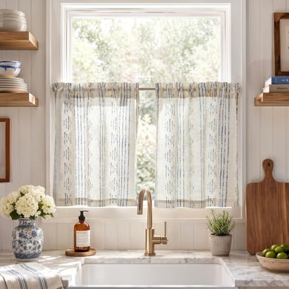 jinchan Linen Striped Tier Curtains for Kitchen Windows Blue Beige 26 x 24 - color: Boho Blue | on Beige, size: 26"W x 24"L (Pack of 2)