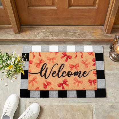 2-Piece Layered Welcome Mat Set - Coir Doormat & Buffalo Plaid Rug - color: Pink Bow