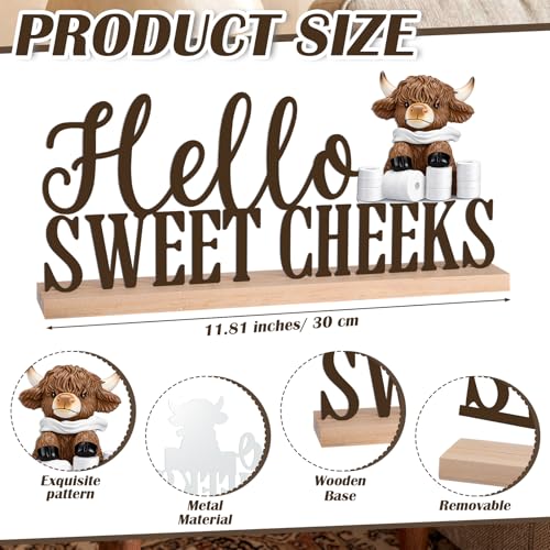 Roowest Meatal Hello Sweet Cheeks Sign Highland Cow Bathroom Decor - style: Highland Cow