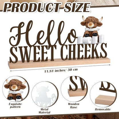 Roowest Meatal Hello Sweet Cheeks Sign Highland Cow Bathroom Decor - style: Highland Cow