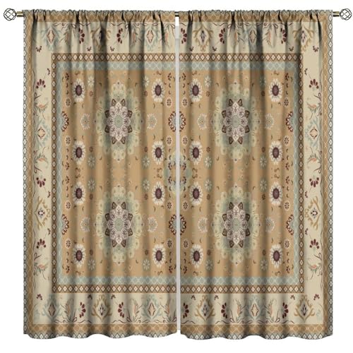 Boho Bohemia Style Curtains Vintage Yellow Brown Retro Flower Rustic Country Style Floral Print Window Drapes for Bedroom Living Room Kitchen Cafe （W20xL45 Inch） x2 Decor - color: Bohemia-12, size: 20"W x 45"L (Pack of 2)