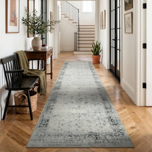 Morebes Washable Hallway Runner Rug 2.5x10, Gray Vintage Runner Rug Non Slip, Soft Distressed Long Indoor Carpet Runner for Kitchen Foyer Entryway Bedside Laundry Room Bathroom, 10 Foot Runner - color: Grey/Multi, size: 2.5' x 10' (Runner)