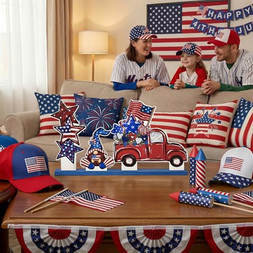 Smile Patriotic Wooden Standing Decor Set, 3-Piece 4th of July Tiered Tray Tabletop Signs with Red Truck, Gnome & Star Stack for Independence Day - style: 4th of July